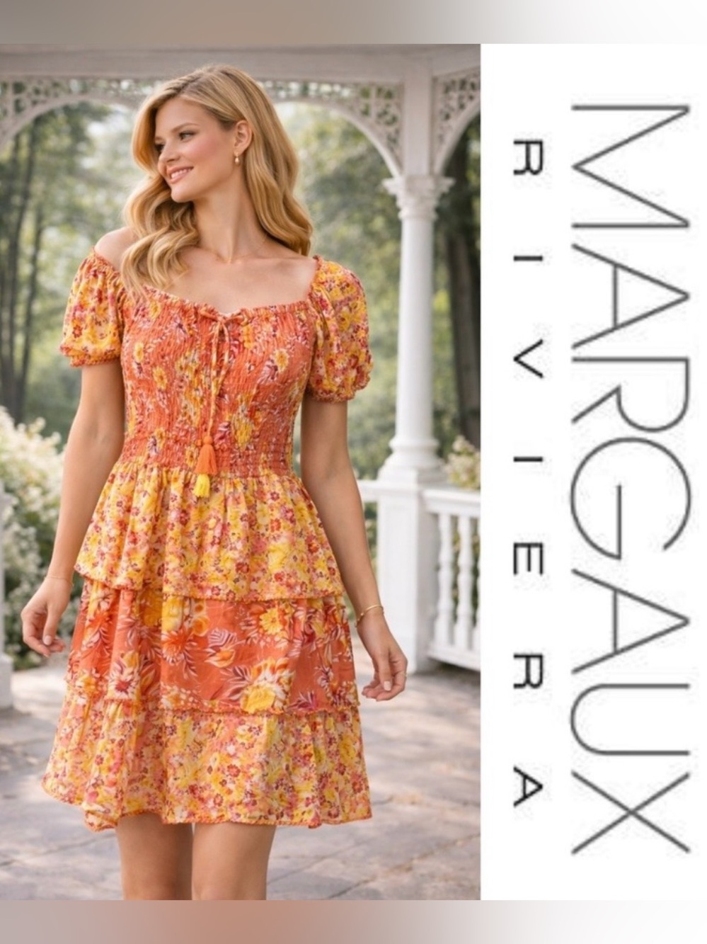 Margaux Riviera Pink Orange Dress Floral Print Smocked Style Tassel Boho, M